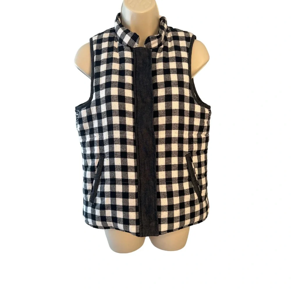En‎ Creme Buffalo Plaid Sherpa Lined Puffer Vest Black White Bandana Side Small